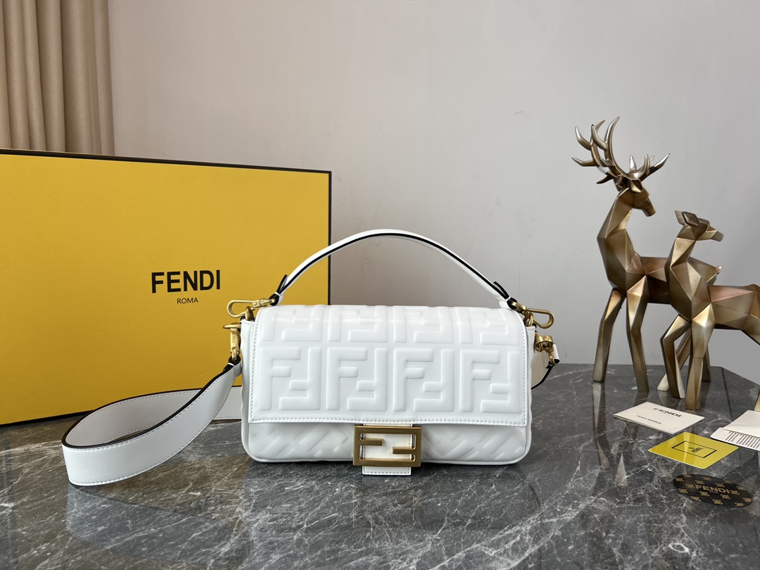 Fendi Medium Baguette Nappa Leather with FF Motif Shoulder Bag White